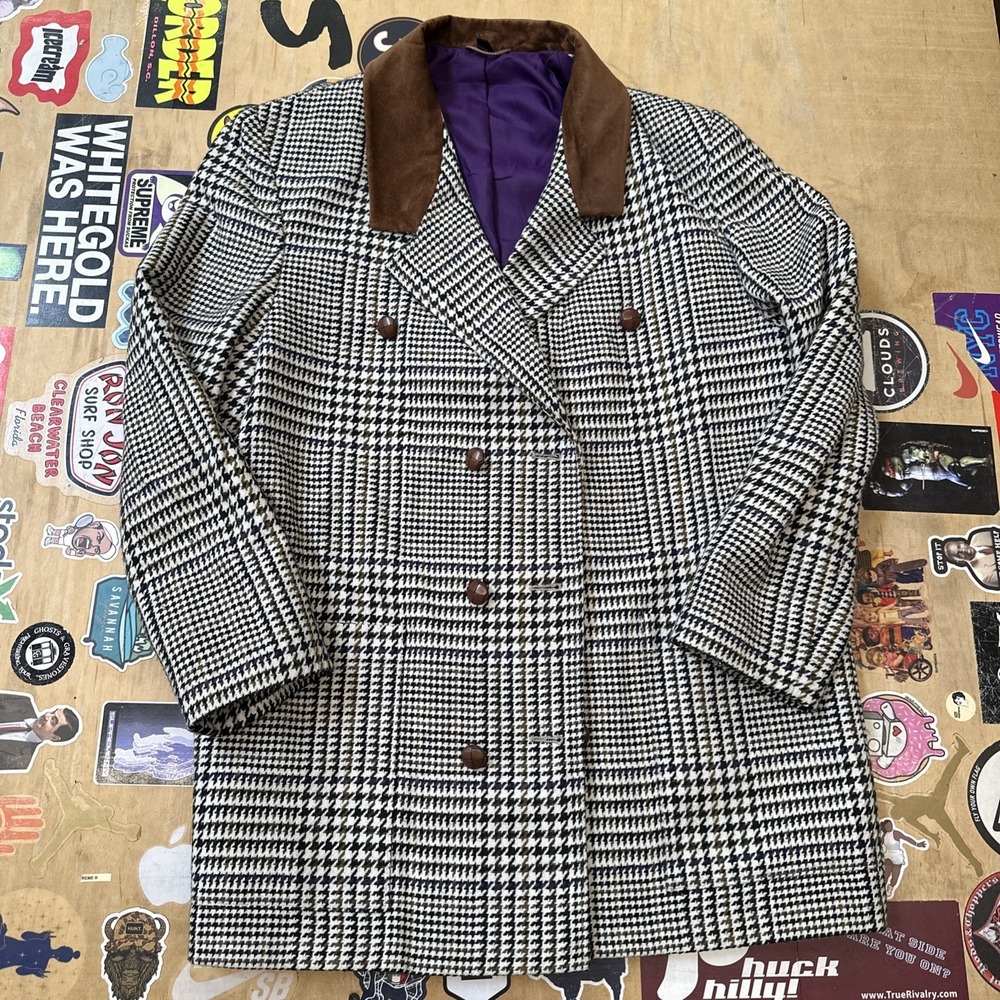VTG 1980's Wool Houndstooth Plaid Blazer Suede Collar Jacket‎ Women's 38